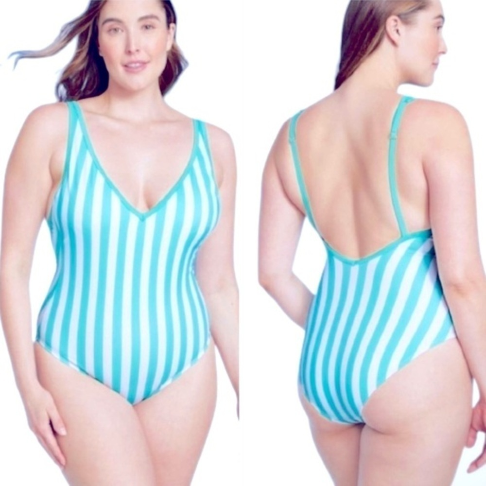 Kona Sol Womens One Piece Swimsuit Turquoise White Stripe M,L and 18W